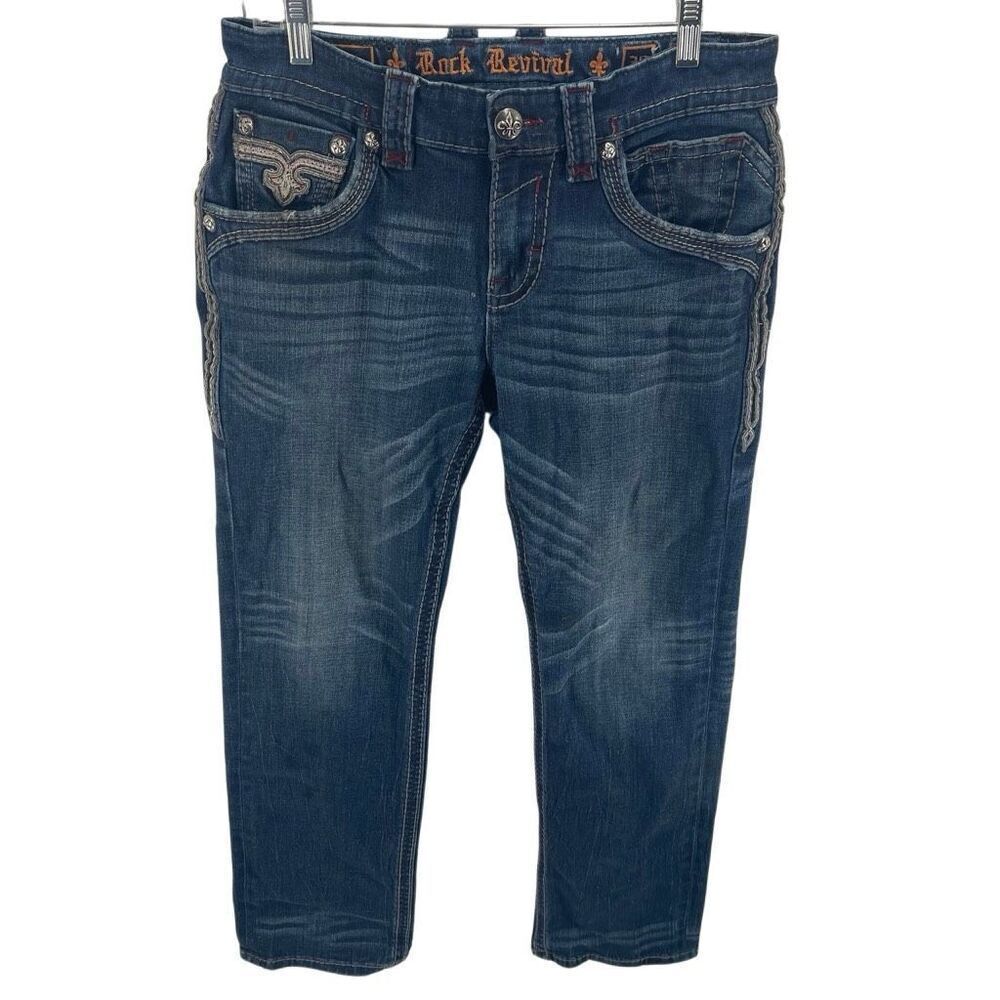 Rock Revival Men's Brad Stretch Embroidered Straight Jeans Dark Wash Blue Sz 30